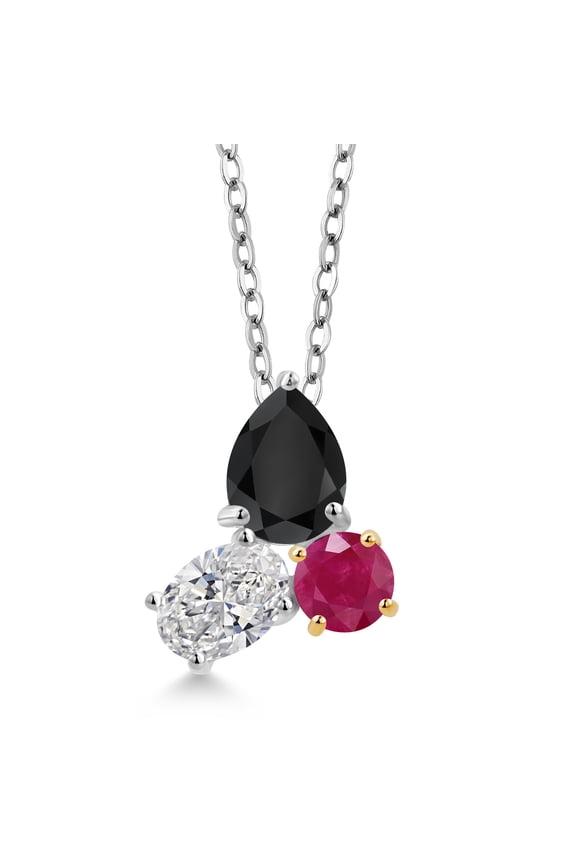 925 Silver and 10K Yellow Gold Black Onyx and Lab Grown Diamond and Red Ruby 3 Stone Pendant Necklace for Women | 2.34 Cttw | Pear Shape 8X6MM | Oval 7X5MM | Round 5MM | with 18 inch Chain