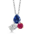 thumbnail image 1 of 925 Silver and 10K Yellow Gold Blue Created Sapphire and Lab Grown Diamond and Ruby 3 Stone Pendant Necklace for Women | 3.25 Cttw | Pear Shape 8X6MM | Oval 7X5MM | Round 5MM | with 18 inch Chain, 1 of 4