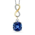 thumbnail image 1 of 925 Silver and 10K Yellow Gold Blue Created Sapphire and Moissanite and Lab Grown Diamond Pendant Necklace for Women | 8.73 Cttw | Gemstone September Birthstone | Cushion 12MM | With 18 inch Chain, 1 of 6