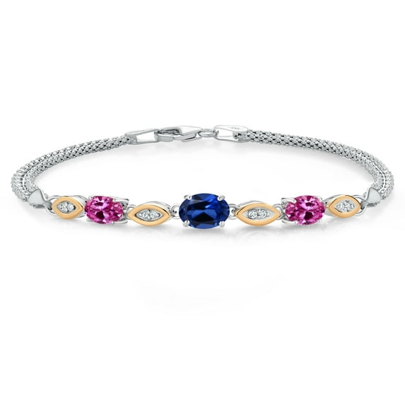 925 Silver and 10K Yellow Gold Blue Created Sapphire and Pink Created Sapphire and White Lab Grown Diamond Bracelet for Women (2.06 Cttw, September Birthstone, Oval, Wheat Chain, 6.5 inches)