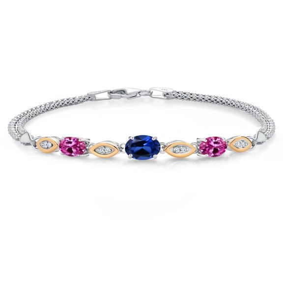 925 Silver and 10K Yellow Gold Blue Created Sapphire and Pink Created Sapphire and White Lab Grown Diamond Bracelet for Women (2.06 Cttw, September Birthstone, Oval, Wheat Chain, 6.5 inches)