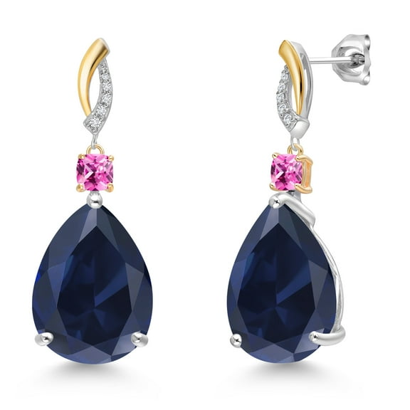 925 Silver and 10K Yellow Gold Blue Created Sapphire and Pink Created Sapphire and White Lab Grown Diamond Earrings for Women | 26.00 Cttw | GemstoneSeptember Birthstone | Pear Shape 18X13MM