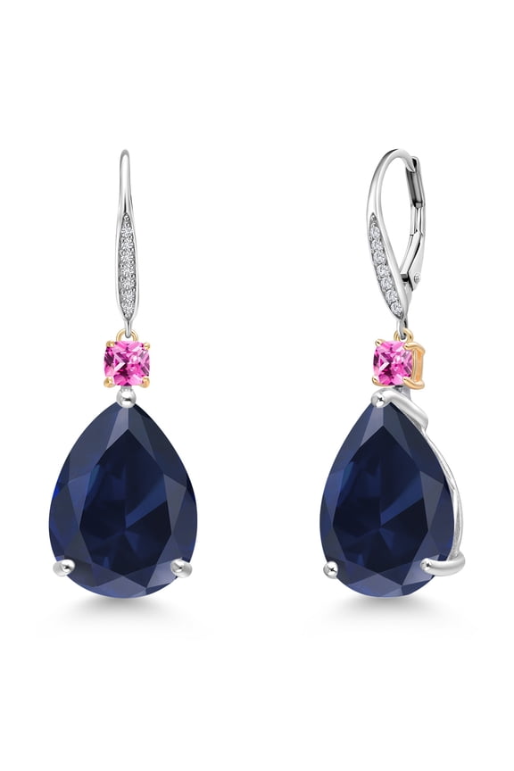 925 Silver and 10K Yellow Gold Blue Created Sapphire and Pink Created Sapphire and White Lab Grown Diamond Earrings for Women | 26.05 Cttw | Gemstone September Birthstone | Pear Shape 18X13MM