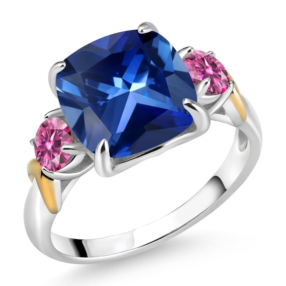Gem Stone King 925 Silver and 10K Yellow Gold Blue Created Sapphire and Pink Moissanite 3 Stone Ring for Women (5.78 Cttw, Gemstone September Birthstone, Cushion 10MM, Round 4MM, Size 8)