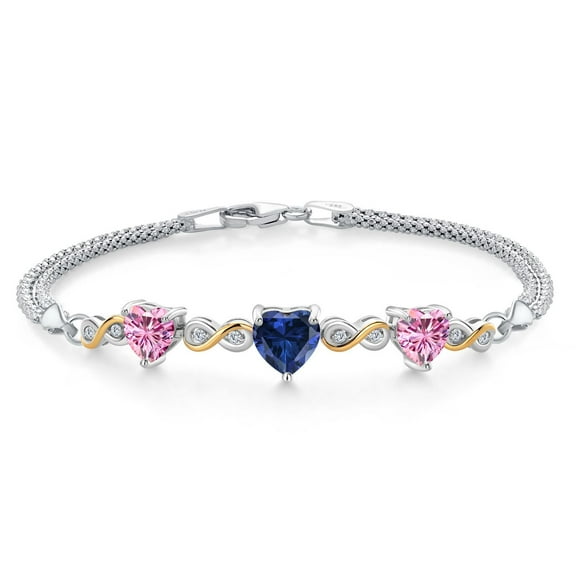 925 Silver and 10K Yellow Gold Blue Created Sapphire and Pink Moissanite and Lab Grown Diamond Bracelet for Women (2.78 Cttw, September Birthstone, Heart 7MM and 6MM, 6.5/7/7.5 inch, Made in Italy)