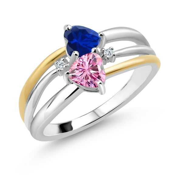 925 Silver and 10K Yellow Gold Blue Created Sapphire and Pink Moissanite and White Lab Grown Diamond Band Ring for Women (1.02 Cttw, Gemstone September Birthstone, Heart Shape 5MM, Size 9)