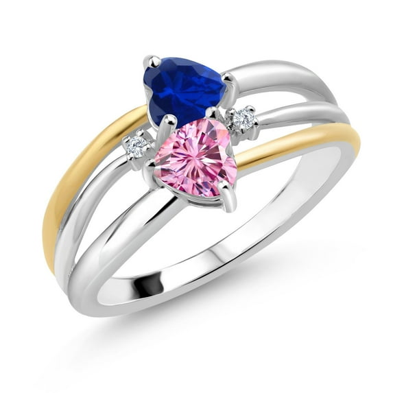 925 Silver and 10K Yellow Gold Blue Created Sapphire and Pink Moissanite and White Lab Grown Diamond Band Ring for Women (1.02 Cttw, Gemstone September Birthstone, Heart Shape 5MM, Size 6)