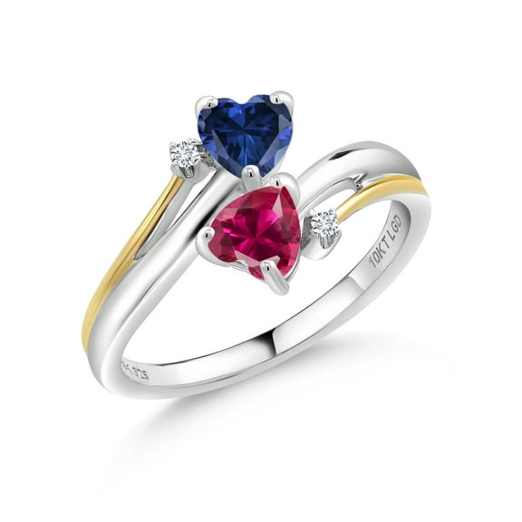 Gem Stone King 1.12 Cttw Blue Created Sapphire Red Created Ruby and Lab Grown Diamond 2 Heart Engagement Ring for Women | 925 Silver and 10K Yellow Gold | Size 5