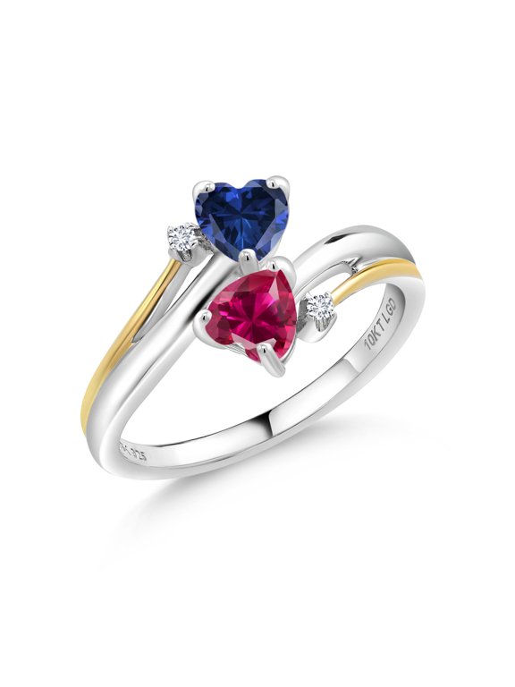 1.12 Cttw Blue Created Sapphire Red Created Ruby and Lab Grown Diamond 2 Heart Engagement Ring for Women | 925 Silver and 10K Yellow Gold | Available in Size 5, 6, 7, 8, 9 | Size 8
