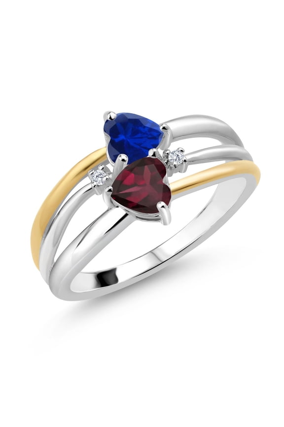 925 Silver and 10K Yellow Gold Blue Created Sapphire and Red Rhodolite Garnet and White Lab Grown Diamond Band Ring for Women (1.07 Cttw, Gemstone September Birthstone, Heart Shape 5MM, Size 7)