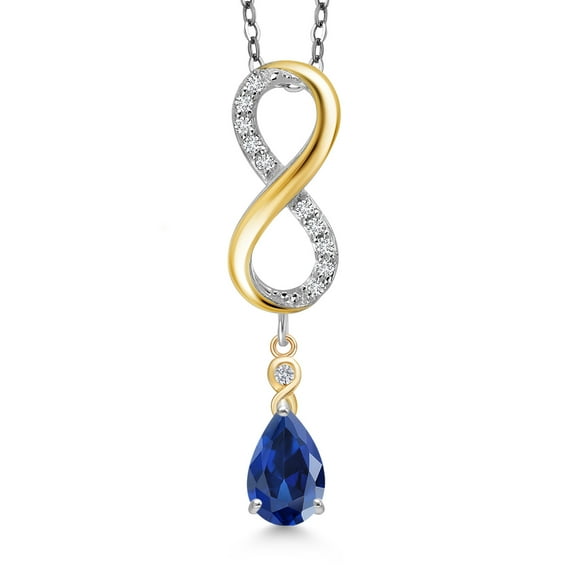925 Silver and 10K Yellow Gold Blue Created Sapphire and White Lab Grown Diamond Pendant Necklace for Women | 1.12 Cttw | Gemstone September Birthstone | Pear Shape 8X5MM | With 18 inch Chain