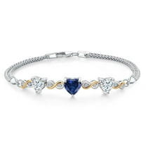 925 Silver and 10K Yellow Gold Blue Created Sapphire and White Moissanite and Lab Grown Diamond Bracelet for Women (2.78 Cttw, September Birthstone, Heart 7MM and 6MM, 6.5/7/7.5 inch, Made in Italy)
