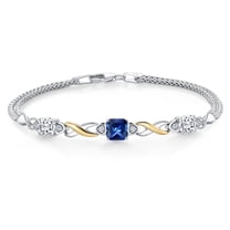 925 Silver and 10K Yellow Gold Blue Created Sapphire and White Moissanite and White Lab Grown Diamond Bracelet for Women (2.35 Cttw, September Birthstone, Cushion 6MM, 7 inches, Made in Italy)