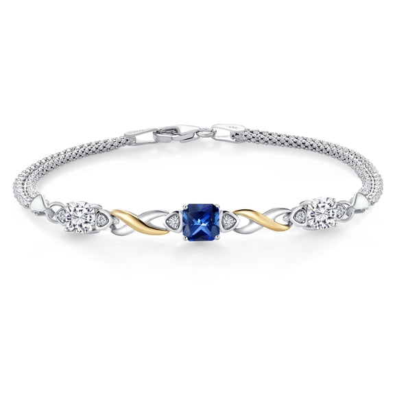 925 Silver and 10K Yellow Gold Blue Created Sapphire and White Moissanite and White Lab Grown Diamond Bracelet for Women (2.35 Cttw, September Birthstone, Cushion 6MM, 7 inches, Made in Italy)