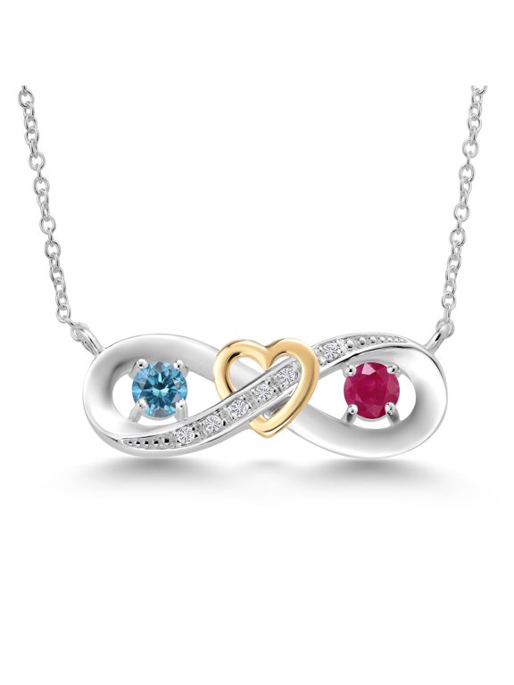 925 Silver and 10K Yellow Gold Blue Lab Grown Diamond and Red Ruby and Lab Grown Diamond Pendant Necklace for Women | 0.68 Cttw | Gemstone April Birthstone | Round 4MM | With 18 inch Chain