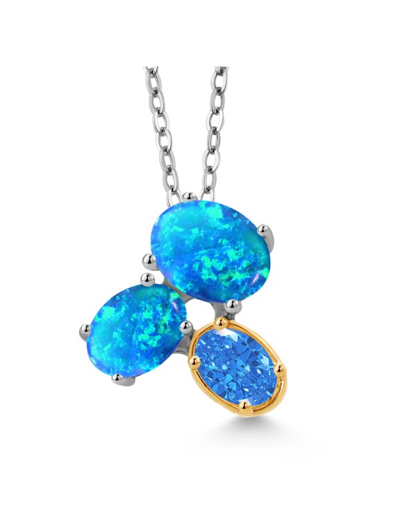925 Silver and 10K Yellow Gold Blue Opal and Fancy Blue Zirconia Pendant Necklace for Women (2.12 Cttw, Oval Cabochon 8X6MM, 7X5MM and 6X4MM, Gemstone October Birthstone, with 18 inch Chain)