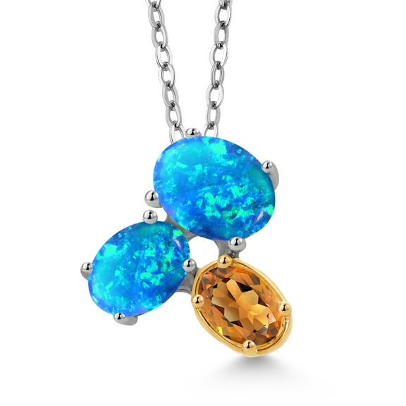 925 Silver and 10K Yellow Gold Blue Opal and Orange Red Madeira Citrine Pendant Necklace for Women (2.09 Cttw, Oval Cabochon 8X6MM, 7X5MM and 6X4MM, Gemstone October Birthstone, with 18 inch Chain)