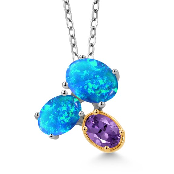 925 Silver and 10K Yellow Gold Blue Opal and Purple Amethyst Pendant Necklace for Women (2.14 Cttw, Oval Cabochon 8X6MM, 7X5MM and 6X4MM, Gemstone October Birthstone, with 18 inch Chain)