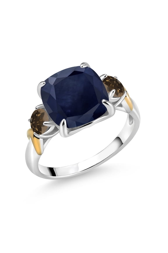 925 Silver and 10K Yellow Gold Blue Sapphire and Brown Smoky Quartz 3 Stone Ring for Women (5.12 Cttw, Gemstone September Birthstone, Cushion 10MM, Round 4MM, Size 6)