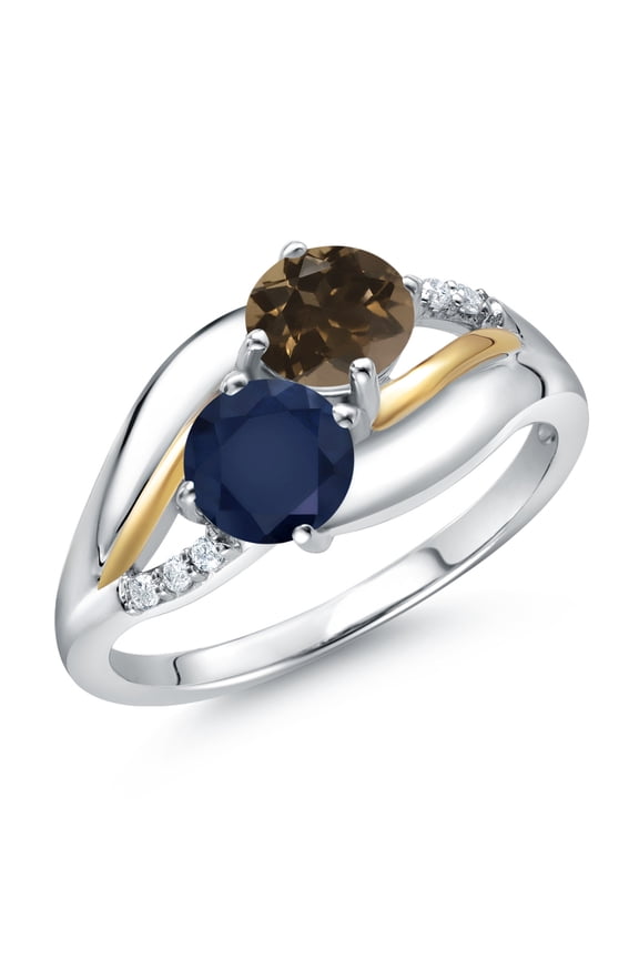 925 Silver and 10K Yellow Gold Blue Sapphire Brown Smoky Quartz and Lab Grown Diamond 2 Stone Engagement Ring for Women (1.14 Cttw, Round, September Birthstone, Size 5)