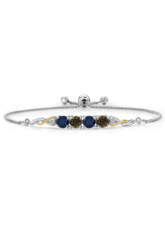 925 Silver and 10K Yellow Gold Blue Sapphire and Brown Smoky Quartz and White Lab Grown Diamond Bracelet for Women | 2.22 Cttw | Gemstone September Birthstone | Round 5MM | Fully Adjustable 9 inch