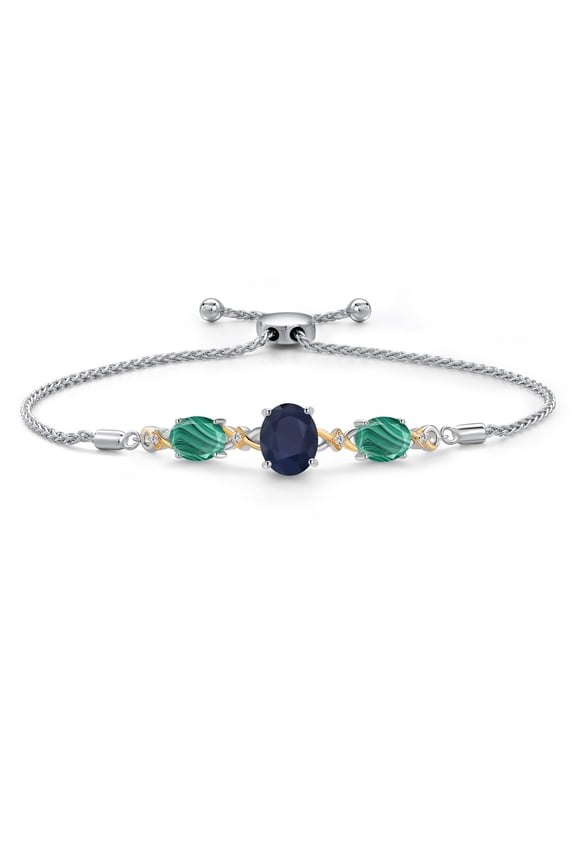 925 Silver & 10K Yellow Gold Blue Sapphire Green Malachite & Lab Grown Diamond Bracelet for Women | 7.06 Cttw | Gemstone September Birthstone | Oval 10X8MM and 8X6MM | Fully Adjustable 9 inch