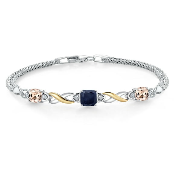 925 Silver and 10K Yellow Gold Blue Sapphire and Peach Morganite and White Lab Grown Diamond Bracelet for Women (2.43 Cttw, Gemstone September Birthstone, Cushion 6MM, 6.5 inches, Made in Italy)