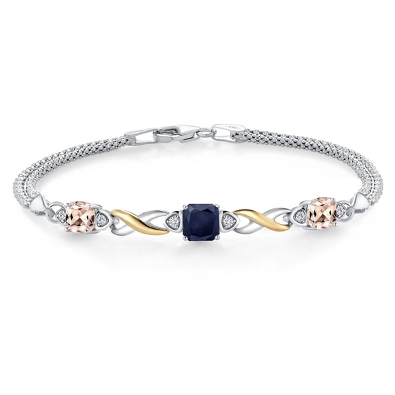 925 Silver and 10K Yellow Gold Blue Sapphire and Peach Morganite and White Lab Grown Diamond Bracelet for Women (2.43 Cttw, Gemstone September Birthstone, Cushion 6MM, 6.5 inches, Made in Italy)
