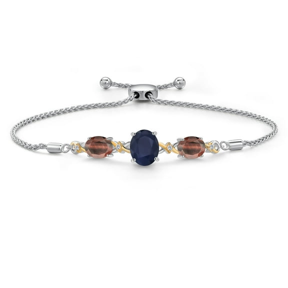 925 Silver & 10K Yellow Gold Blue Sapphire Red Tiger Eye & Lab Grown Diamond Bracelet for Women | 5.56 Cttw | Gemstone September Birthstone | Oval 10X8MM and 8X6MM | Fully Adjustable 9 inch