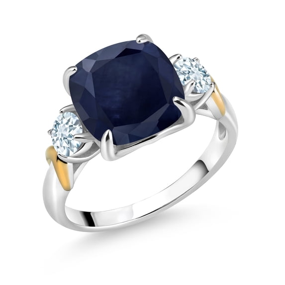 Gem Stone King 925 Silver and 10K Yellow Gold Blue Sapphire and Sky Blue Aquamarine 3 Stone Ring for Women (5.10 Cttw, Gemstone September Birthstone, Cushion 10MM, Round 4MM, Size 6)