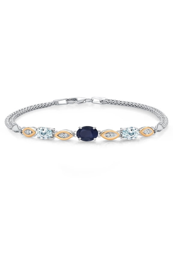 925 Silver and 10K Yellow Gold Blue Sapphire and Sky Blue Aquamarine and White Lab Grown Diamond Bracelet for Women (2.06 Cttw, Gemstone September Birthstone, Oval, Wheat Chain, 7.5 inches)