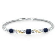 GEM STONE KING 925 Silver and 10K Yellow Gold Blue Sapphire and White Lab Grown Diamond Bracelet for Women (2.79 Cttw, Gemstone September Birthstone, Cushion 6MM and 5MM , 6.5/7/7.5 inch, Made in Italy)