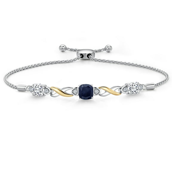 925 Silver and 10K Yellow Gold Blue Sapphire and White Moissanite and White Lab Grown Diamond Bracelet for Women | 2.65 Cttw | Gemstone September Birthstone | Cushion 6MM | Fully Adjustable 9 inch