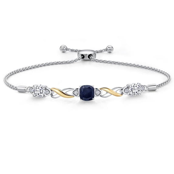 925 Silver and 10K Yellow Gold Blue Sapphire and White Moissanite and White Lab Grown Diamond Bracelet for Women | 2.65 Cttw | Gemstone September Birthstone | Cushion 6MM | Fully Adjustable 9 inch