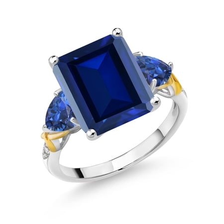 Gem Stone King 925 Silver and 10K Yellow Gold Blue Simulated Sapphire Blue Created Sapphire and Diamond 3 Stone Ring for Women (7.80 Cttw, Gemstone Birthstone, Emerald Cut 12X10MM, Size 8)