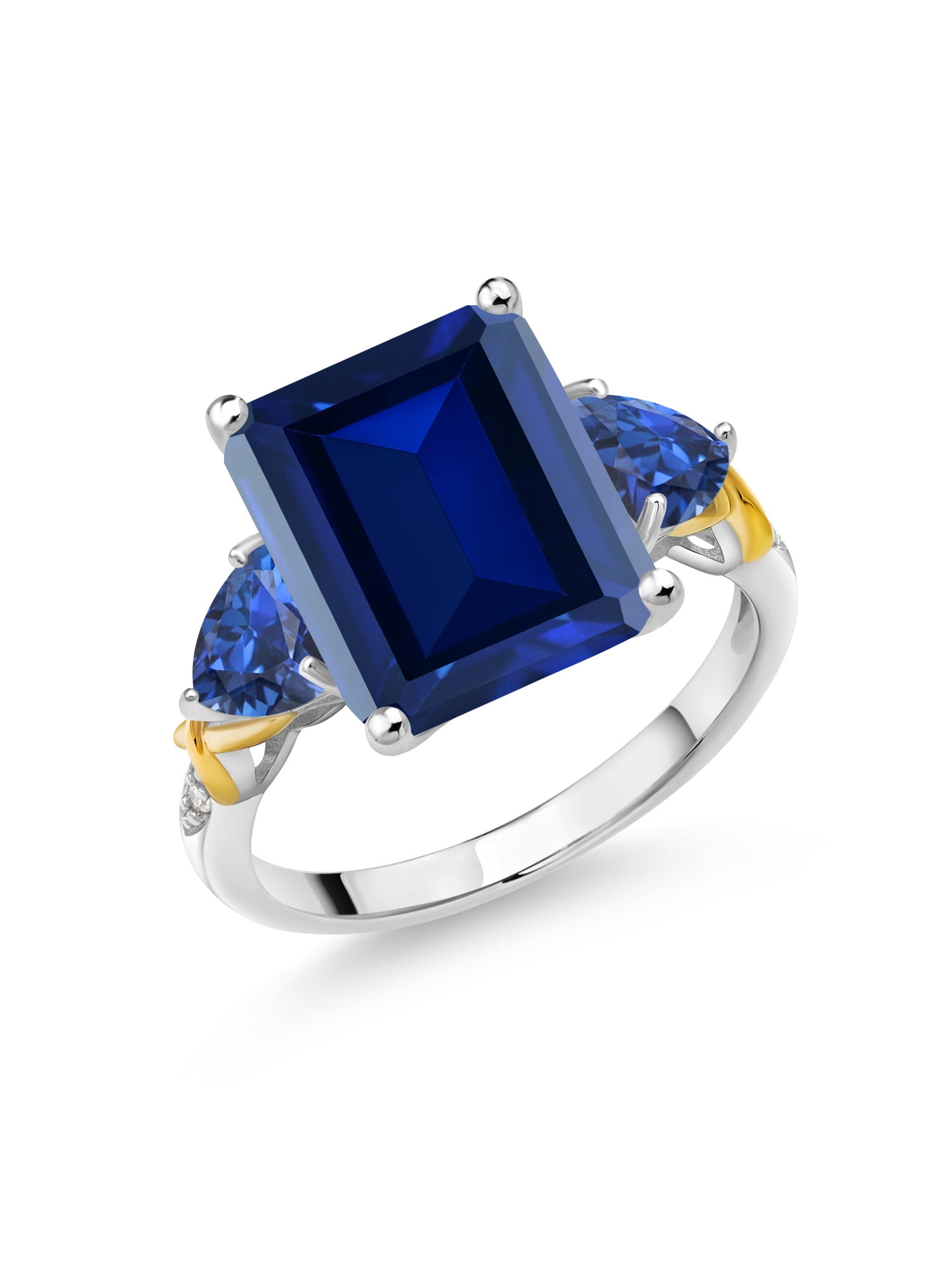 925 Silver and 10K Yellow Gold Blue Simulated Sapphire Blue Created