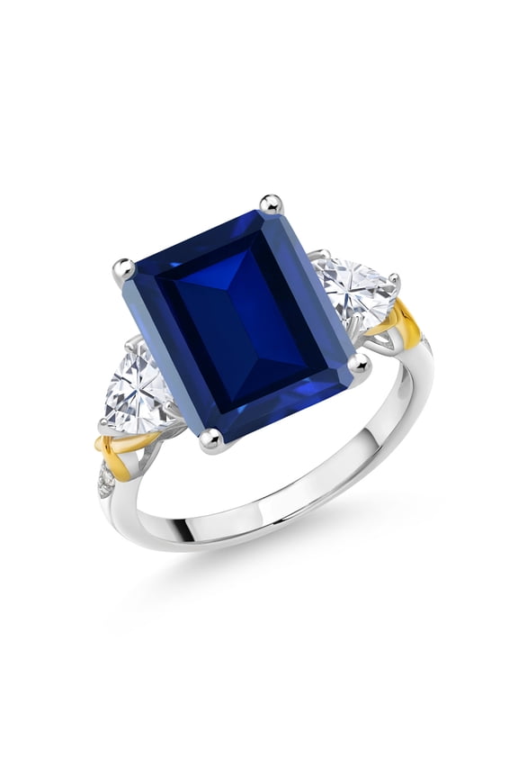 7.66 Cttw Blue Simulated Sapphire Moissanite and Diamond 3-Stone Ring for Women | 925 Silver and 10K Yellow Gold | Gemstone Birthstone | 12X10MM Emerald Cut and 5MM Trillion | Size 5