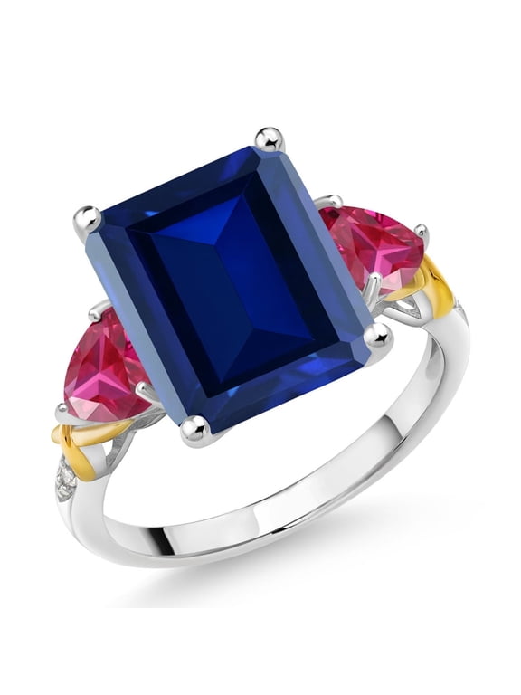 925 Silver and 10K Yellow Gold Blue Simulated Sapphire Red Created Ruby and Diamond 3 Stone Ring for Women (7.58 Cttw, Gemstone Birthstone, Emerald Cut 12X10MM, Size 6)
