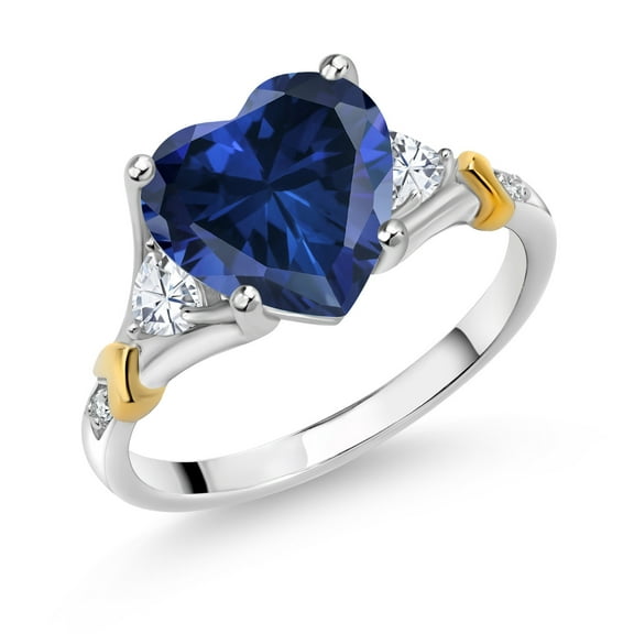 925 Silver and 10K Yellow Gold Blue Simulated Sapphire and White Moissanite and White Diamond Engagement Ring for Women | 4.44 Cttw | Heart Shape 10MM | Gemstone September Birthstone | Size 9