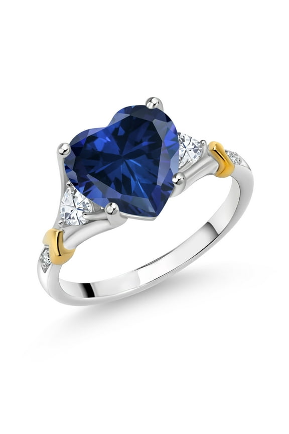 925 Silver and 10K Yellow Gold Blue Simulated Sapphire and White Moissanite and White Diamond Engagement Ring for Women | 4.44 Cttw | Heart Shape 10MM | Gemstone September Birthstone | Size 8