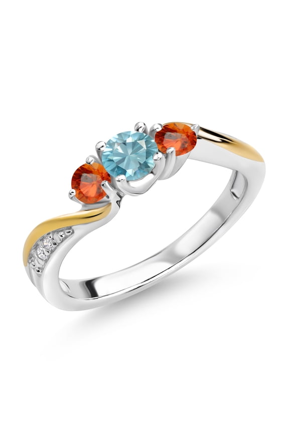 925 Silver and 10K Yellow Gold Blue Zircon Orange Sapphire and White Lab Grown Diamond 3 Stone Engagement Ring for Women (0.85 Cttw, December Birthstone, Size 5)