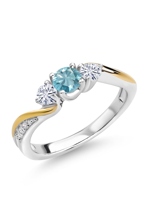 925 Silver and 10K Yellow Gold Blue Zircon White Moissanite and White Lab Grown Diamond 3 Stone Engagement Ring for Women (0.73 Cttw, December Birthstone, Size 5)