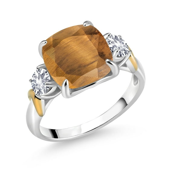 Gem Stone King 925 Silver and 10K Yellow Gold Brown Tiger Eye and White Created Sapphire 3 Stone Ring for Women (4.00 Cttw, Gemstone Birthstone, Cushion 10MM, Round 4MM, Size 8)