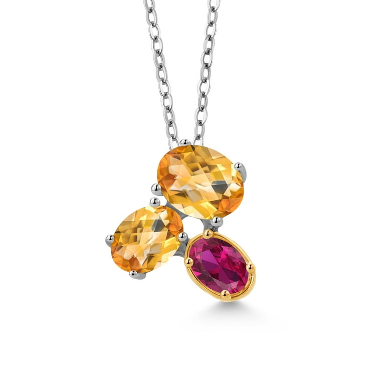 925 Silver and 10K Yellow Gold Yellow Citrine and Red Created Ruby Pendant Necklace for Women 2.50 Cttw Oval Checkerboard 8x6mm 7x5mm and 6x4mm