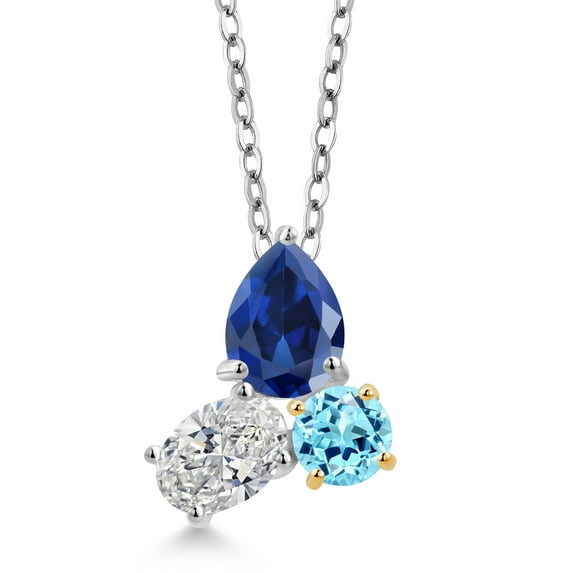 925 Silver and 10K Yellow Gold Created Sapphire and Lab Grown Diamond and Apatite 3 Stone Pendant Necklace for Women | 3.20 Cttw | Pear Shape 8X6MM | Oval 7X5MM | Round 5MM | with 18 inch Chain