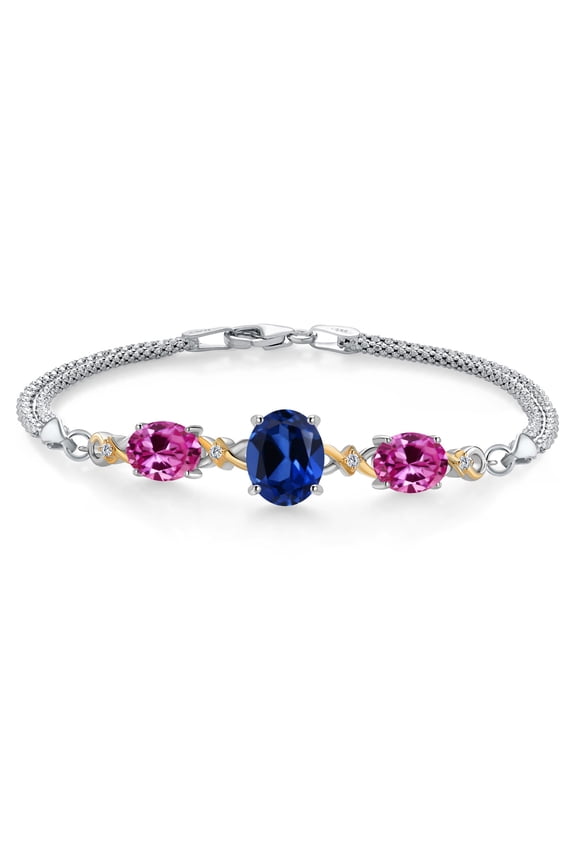 925 Silver and 10K Yellow Gold Created Sapphire and Pink Created Sapphire and Lab Grown Diamond Bracelet for Women (6.66 Cttw, September Birthstone, 10X8MM and 8X6MM, 6.5/7/7.5 inch, Made in Italy)