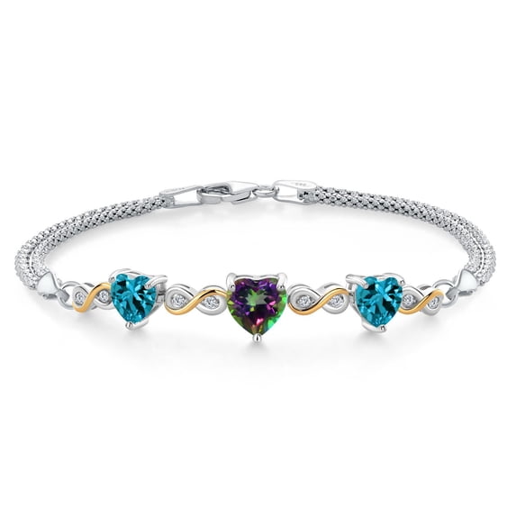 925 Silver and 10K Yellow Gold Green Mystic Topaz and London Blue Topaz and Lab Grown Diamond Bracelet for Women (3.48 Cttw, November Birthstone, Heart 7MM and 6MM, 6.5/7/7.5 inch, Made in Italy)