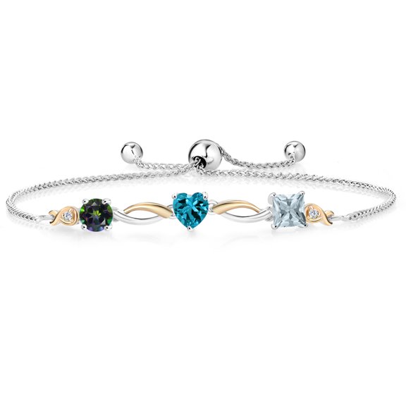 925 Silver and 10K Yellow Gold Green Mystic Topaz London Blue Topaz Sky Blue Aquamarine and Lab Grown Diamond Tennis Bracelet for Women By Keren Hanan (2.00 cttw, Adjustable up To 9 inch)