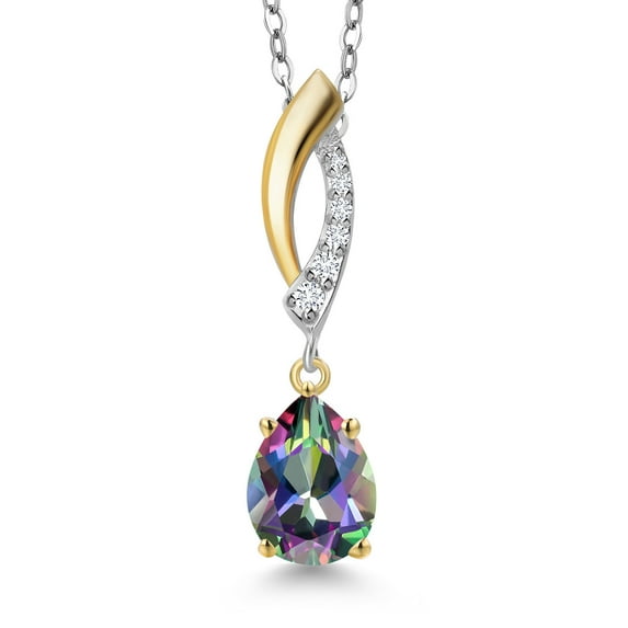 925 Silver and 10K Yellow Gold Green Mystic Topaz and White Lab Grown Diamond Pendant Necklace for Women | 1.28 Cttw | Gemstone November Birthstone | Pear Shape 8X6MM | With 18 inch Chain