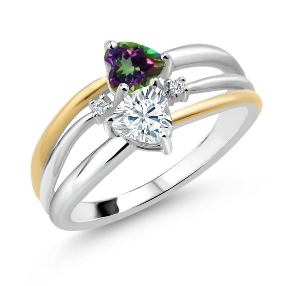 925 Silver and 10K Yellow Gold Green Mystic Topaz and White Moissanite and White Lab Grown Diamond Band Ring for Women (1.04 Cttw, Gemstone November Birthstone, Heart Shape 5MM, Size 8)